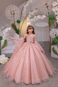 Sunnypetal Blush Pink Beaded Tulle Flower Girl Ball Gown with Off-Shoulder Sleeves