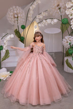 Sunnypetal Blush Pink Beaded Tulle Flower Girl Ball Gown with Off-Shoulder Sleeves