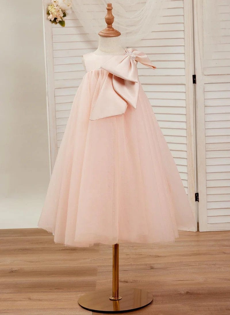 Sunnypetal Classic Pink Sleeveless A-Line Flower Girl Dress with Satin Bow