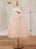 Sunnypetal Classic Pink Sleeveless A-Line Flower Girl Dress with Satin Bow