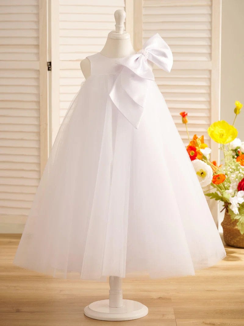 Sunnypetal Classic Pink Sleeveless A-Line Flower Girl Dress with Satin Bow