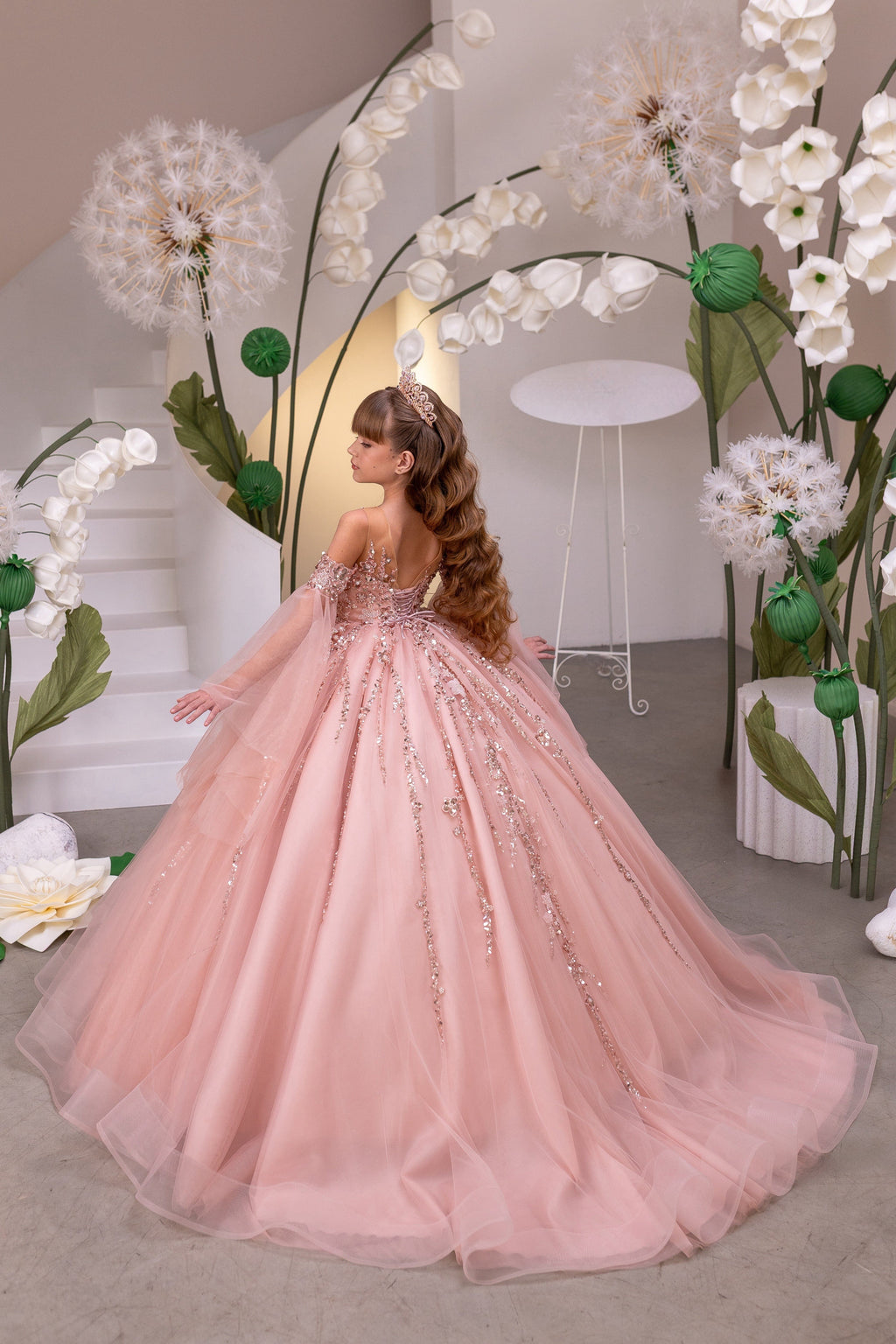 Sunnypetal Blush Pink Beaded Tulle Flower Girl Ball Gown with Off-Shoulder Sleeves