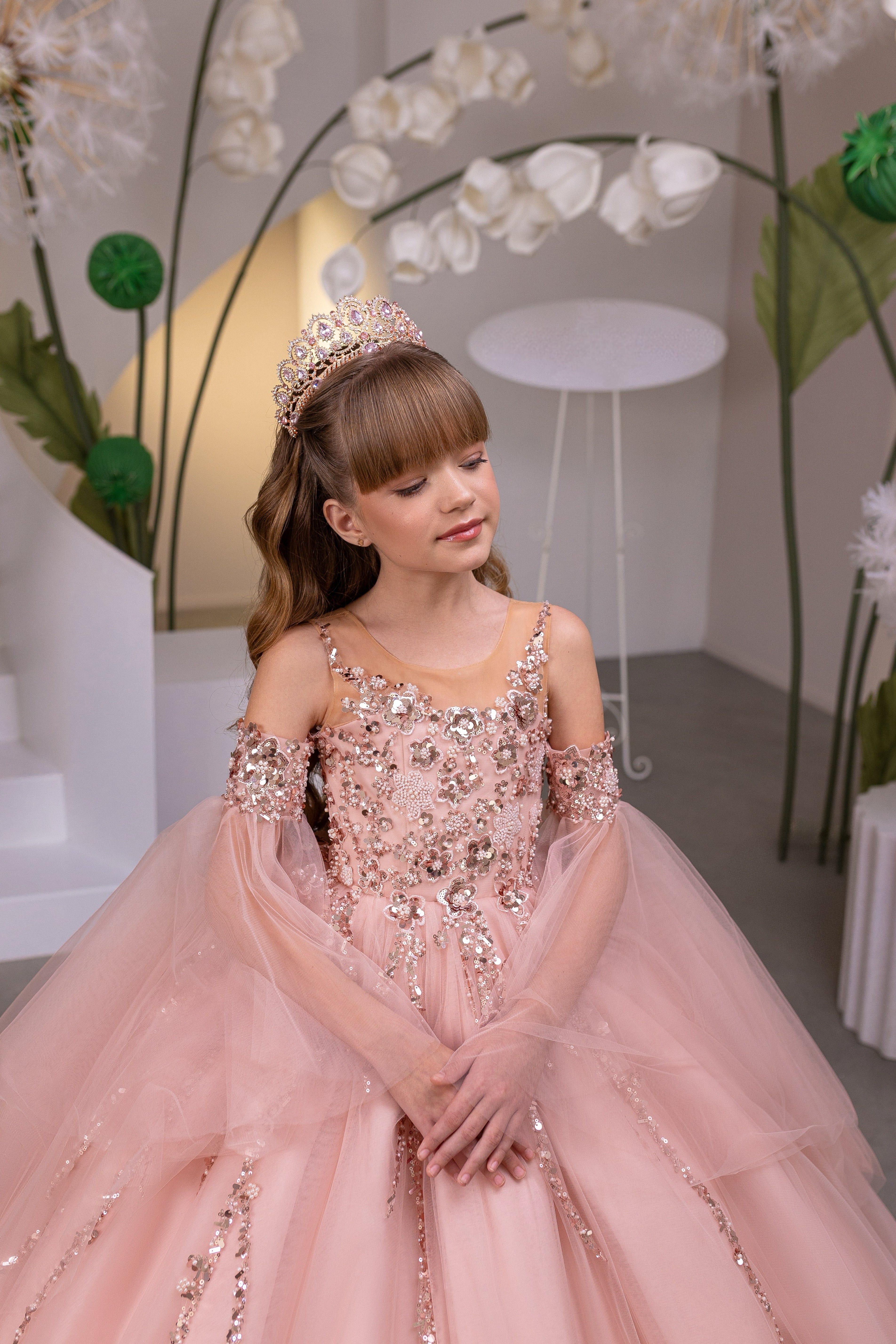 Sunnypetal Blush Pink Beaded Tulle Flower Girl Ball Gown with Off-Shoulder Sleeves