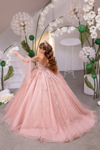 Sunnypetal Blush Pink Beaded Tulle Flower Girl Ball Gown with Off-Shoulder Sleeves